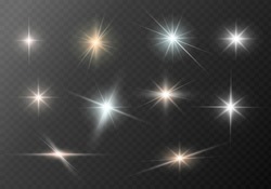 A Set Of Glare. Flashes Of Light Rays. Glow, Radiance, Glitter Effect. A Collection Of Different Glowing Sparks, Stars. Vector Illustration On A Transparent Background. 