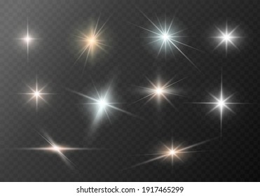A set of glare. Flashes of light rays. Glow, radiance, glitter effect. A collection of different glowing sparks, stars. Vector illustration on a transparent background.  - Shutterstock ID 1917465299