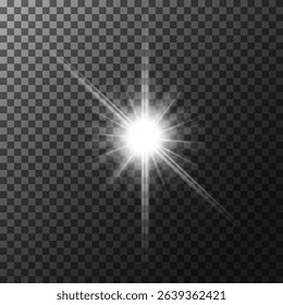 A set of glare. Flashes of light rays. Glow, radiance, glitter effect. A collection of different glowing sparks, stars. Vector illustration on a transparent background.