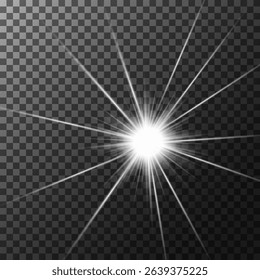 A set of glare. Flashes of light rays. Glow, radiance, glitter effect. A collection of different glowing sparks, stars. Vector illustration on a transparent background.