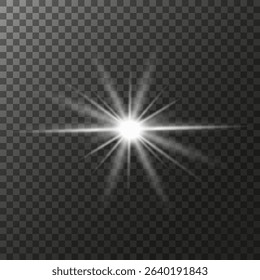 A set of glare. Flashes of light rays. Glow, radiance, glitter effect. A collection of different glowing sparks, stars. Vector illustration on a transparent background.