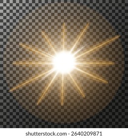 A set of glare. Flashes of light rays. Glow, radiance, glitter effect. A collection of different glowing sparks, stars. Vector illustration on a transparent background. Color - gold