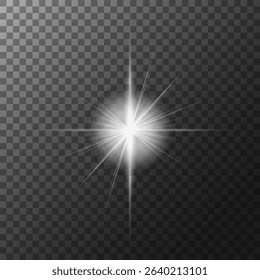 A set of glare. Flashes of light rays. Glow, radiance, glitter effect. A collection of different glowing sparks, stars. Vector illustration on a transparent background. 
