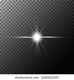 A set of glare. Flashes of light rays. Glow, radiance, glitter effect. A collection of different glowing sparks, stars. Vector illustration on a transparent background. 