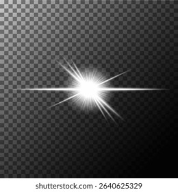 A set of glare. Flashes of light rays. Glow, radiance, glitter effect. A collection of different glowing sparks, stars. Vector illustration on a transparent background. 