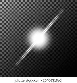 A set of glare. Flashes of light rays. Glow, radiance, glitter effect. A collection of different glowing sparks, stars. Vector illustration on a transparent background. 