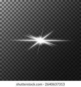 A set of glare. Flashes of light rays. Glow, radiance, glitter effect. A collection of different glowing sparks, stars. Vector illustration on a transparent background. 