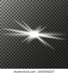 A set of glare. Flashes of light rays. Glow, radiance, glitter effect. A collection of different glowing sparks, stars. Vector illustration on a transparent background. 
