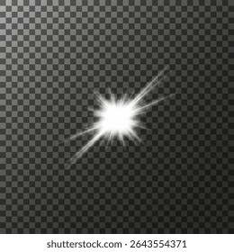 A set of glare. Flashes of light rays. Glow, radiance, glitter effect. A collection of different glowing sparks, stars. Vector illustration on a transparent background. 