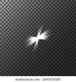 A set of glare. Flashes of light rays. Glow, radiance, glitter effect. A collection of different glowing sparks, stars. Vector illustration on a transparent background. 