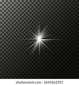 A set of glare. Flashes of light rays. Glow, radiance, glitter effect. A collection of different glowing sparks, stars. Vector illustration on a transparent background. 