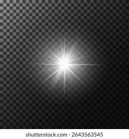 A set of glare. Flashes of light rays. Glow, radiance, glitter effect. A collection of different glowing sparks, stars. Vector illustration on a transparent background. 