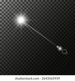 A set of glare. Flashes of light rays. Glow, radiance, glitter effect. A collection of different glowing sparks, stars. Vector illustration on a transparent background. 