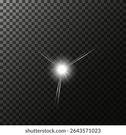 A set of glare. Flashes of light rays. Glow, radiance, glitter effect. A collection of different glowing sparks, stars. Vector illustration on a transparent background. 