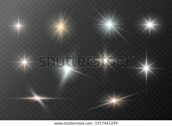 A set of\
glare. Flashes of light rays. Glow, radiance, glitter effect. A\
collection of different glowing sparks, stars. Vector illustration\
on a transparent background.\
