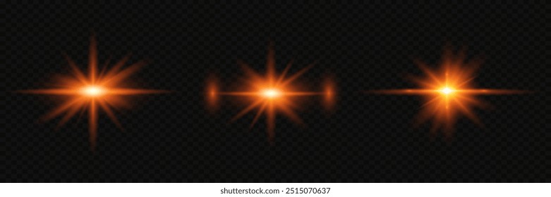 Set of glare light effects.Golden flares of stars and flares. On a transparent background.  Vector illustration.