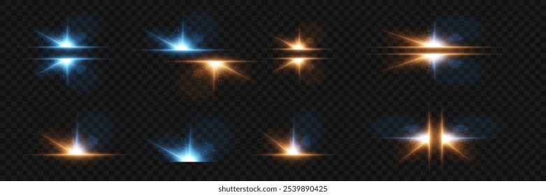 Set of glare and light, light flare, star light. On a transparent background.