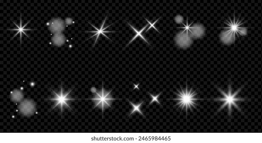 Juego de deslumbramiento. Estrellas brillantes y luces centelleantes. Ilustración vectorial realista. Colección de diferentes efectos de luz. Ilustración vectorial sobre fondo transparente