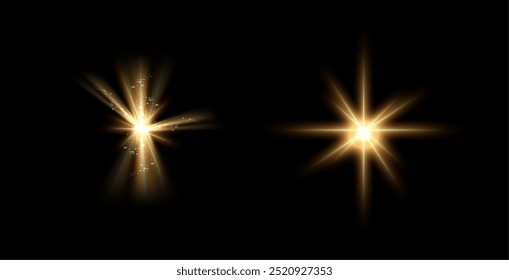 Conjunto de resplandor de foco, destellos aislados de rayos de luz. Vector de luminosidad y efecto de brillo. Colección de chispas brillantes. Espectáculos y conciertos de iluminación. Iluminación escénica e interacción con la audiencia