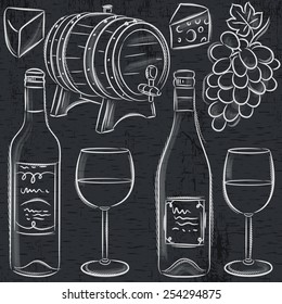 set of glases and bottles for wine on blackboard, vector