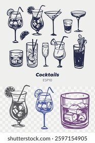 Сconjunto de coquetéis, bebida alcoólica de vidro, esboço, desenhado à mão ilustração vetor