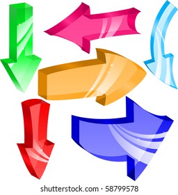 Set of glass arrows different colors and directions. Vector.