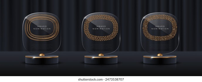 Conjunto de trofeo de premio de cristal con marco decorativo dorado. Plantilla transparente con oro de lujo. Concepto de primer lugar ganador. Ilustración vectorial.