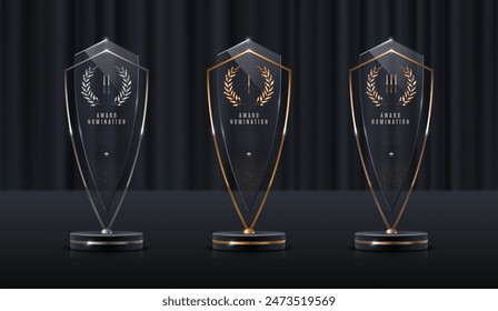 Set of glass award trophy with laurel wreath. Transparent prize template with golden laurel branches. Winner first place concept. Vector illustration.