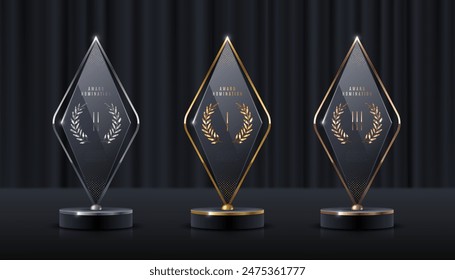 Set of glass award trophy with laurel wreath. Transparent prize template with golden laurel branches. Winner first place concept. Vector illustration.