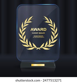 Set of glass award trophy with laurel wreath. Transparent prize template with golden laurel branches. Winner first place concept. Vector illustration.