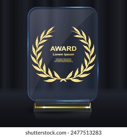 Set of glass award trophy with laurel wreath. Transparent prize template with golden laurel branches. Winner first place concept. Vector illustration.