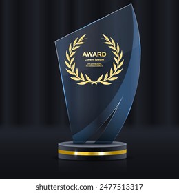 Set of glass award trophy with laurel wreath. Transparent prize template with golden laurel branches. Winner first place concept. Vector illustration.