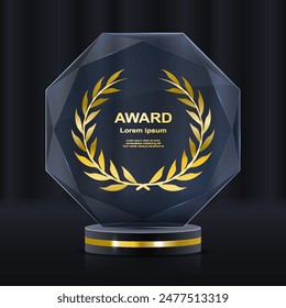 Set of glass award trophy with laurel wreath. Transparent prize template with golden laurel branches. Winner first place concept. Vector illustration.