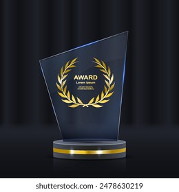 Set of glass award trophy with laurel wreath. Transparent prize template with golden laurel branches. Winner first place concept. Vector illustration.