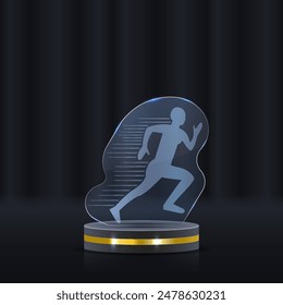 Set of glass award trophy with laurel wreath. Transparent prize template with golden laurel branches. Winner first place concept. Vector illustration.
