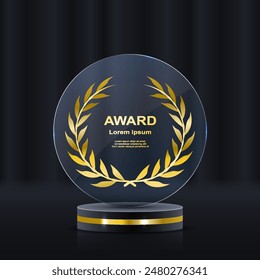 Set of glass award trophy with laurel wreath. Transparent prize template with golden laurel branches. Winner first place concept. Vector illustration.