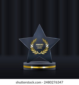 Set of glass award trophy with laurel wreath. Transparent prize template with golden laurel branches. Winner first place concept. Vector illustration.