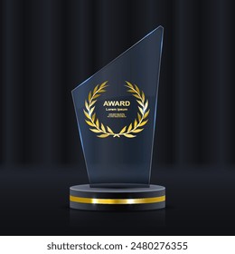 Set of glass award trophy with laurel wreath. Transparent prize template with golden laurel branches. Winner first place concept. Vector illustration.