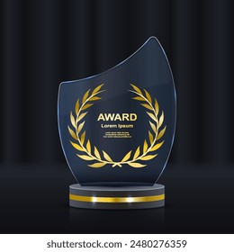 Set of glass award trophy with laurel wreath. Transparent prize template with golden laurel branches. Winner first place concept. Vector illustration.