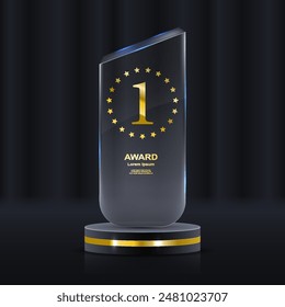 Set aus Glas Award Trophäe mit Lorbeerkranz. Transparente Preis-Vorlage mit goldenen Lorbeerzweigen. Das Konzept des Siegers. Vektorillustration. Glas-Award-Trophäen-Set. Transparente Preisvorlage