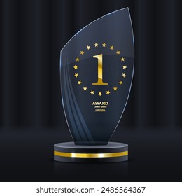 Juego de trofeos de cristal con corona de laurel. Plantilla transparente con ramas de laurel dorado. Concepto de primer lugar ganador. Ilustración vectorial.