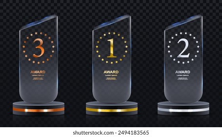 Set of glass award trophy with laurel wreath. Transparent prize template with golden laurel branches. Winner first place concept. Vector illustration.