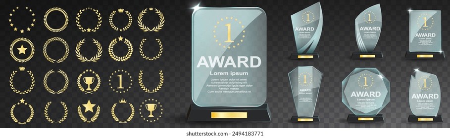 Juego de trofeos de cristal con corona de laurel. Plantilla transparente con ramas de laurel dorado. Concepto de primer lugar ganador. Ilustración vectorial.