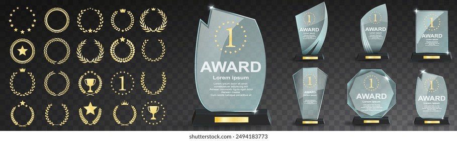 Set of glass award trophy with laurel wreath. Transparent prize template with golden laurel branches. Winner first place concept. Vector illustration.