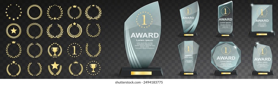 Set of glass award trophy with laurel wreath. Transparent prize template with golden laurel branches. Winner first place concept. Vector illustration.