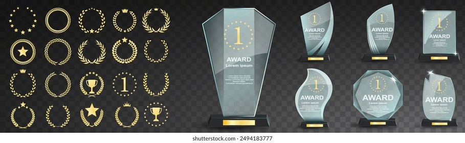 Set of glass award trophy with laurel wreath. Transparent prize template with golden laurel branches. Winner first place concept. Vector illustration.