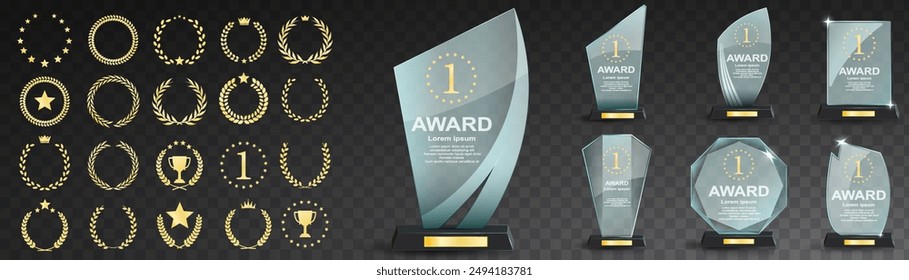 Set of glass award trophy with laurel wreath. Transparent prize template with golden laurel branches. Winner first place concept. Vector illustration.