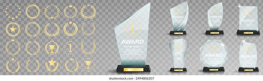 Set of glass award trophy with laurel wreath. Transparent prize template with golden laurel branches. Winner first place concept. Vector illustration.