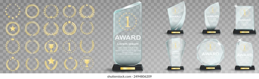 Set of glass award trophy with laurel wreath. Transparent prize template with golden laurel branches. Winner first place concept. Vector illustration.