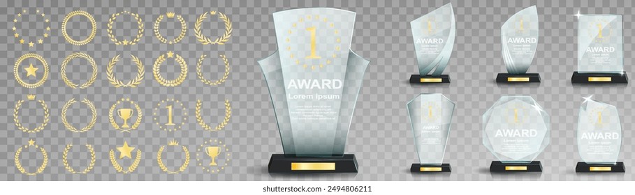 Set of glass award trophy with laurel wreath. Transparent prize template with golden laurel branches. Winner first place concept. Vector illustration.